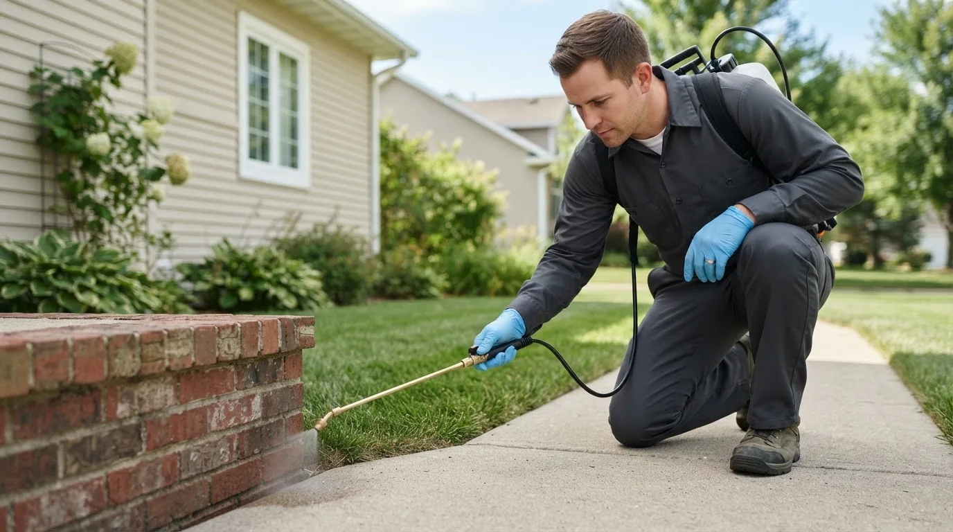 Pest control technician treating a home near Alma, WI